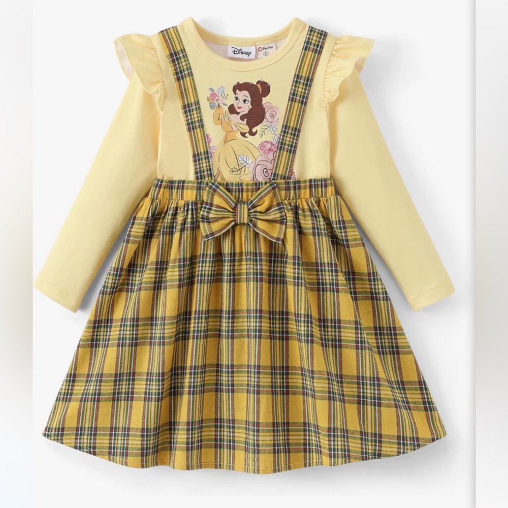 NWT Girl Disney Yellow Plaid Belle Pinafore Dress with Bow